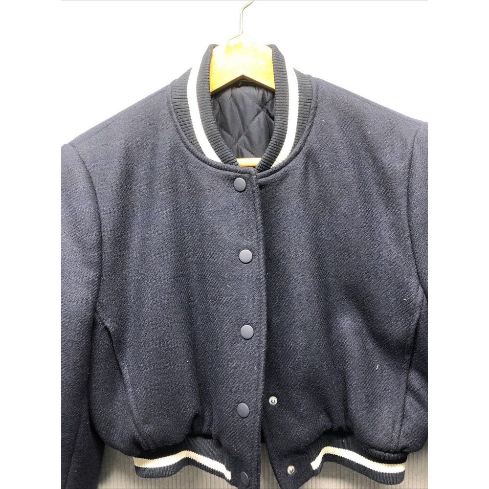Zara Crop Letterman Jacket Size XS Blue Cream Snap Closure Pockets